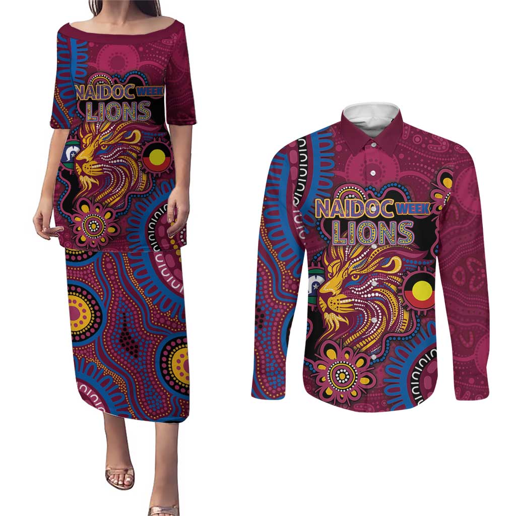 Custom NAIDOC Week Brisbane Lions Couples Matching Puletasi and Long Sleeve Button Shirt Australian Aboriginal Art