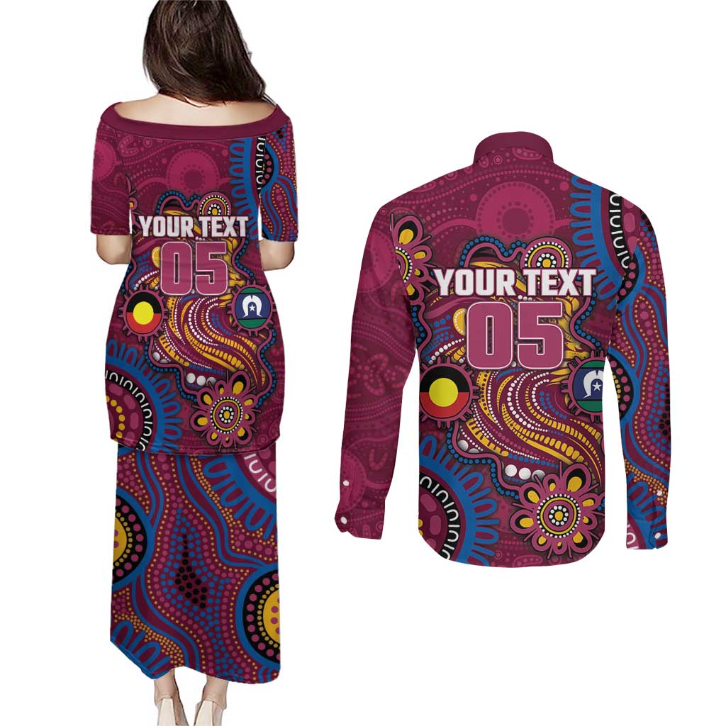 Custom NAIDOC Week Brisbane Lions Couples Matching Puletasi and Long Sleeve Button Shirt Australian Aboriginal Art