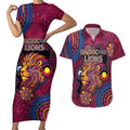 Custom NAIDOC Week Brisbane Lions Couples Matching Short Sleeve Bodycon Dress and Hawaiian Shirt Australian Aboriginal Art