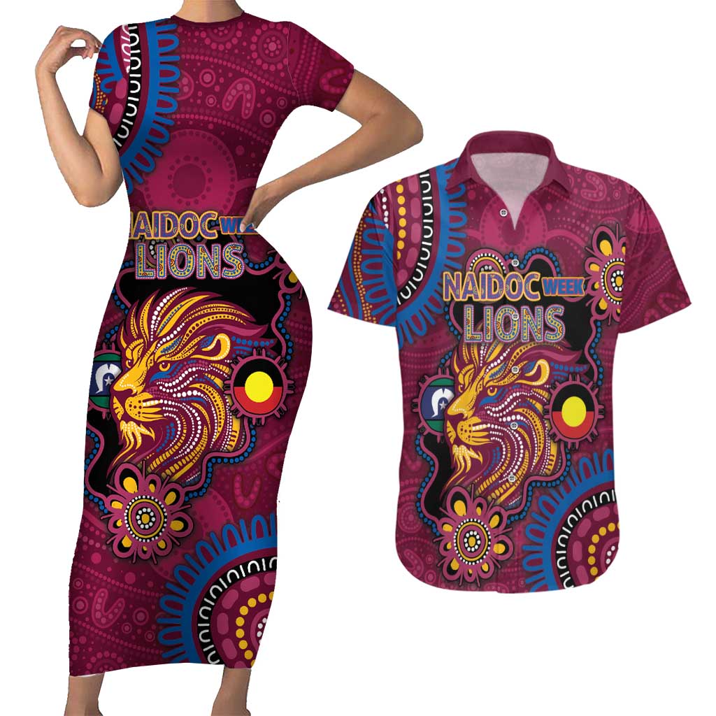 Custom NAIDOC Week Brisbane Lions Couples Matching Short Sleeve Bodycon Dress and Hawaiian Shirt Australian Aboriginal Art