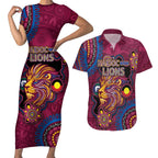 Custom NAIDOC Week Brisbane Lions Couples Matching Short Sleeve Bodycon Dress and Hawaiian Shirt Australian Aboriginal Art