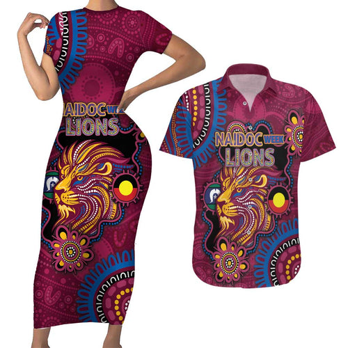 Custom NAIDOC Week Brisbane Lions Couples Matching Short Sleeve Bodycon Dress and Hawaiian Shirt Australian Aboriginal Art