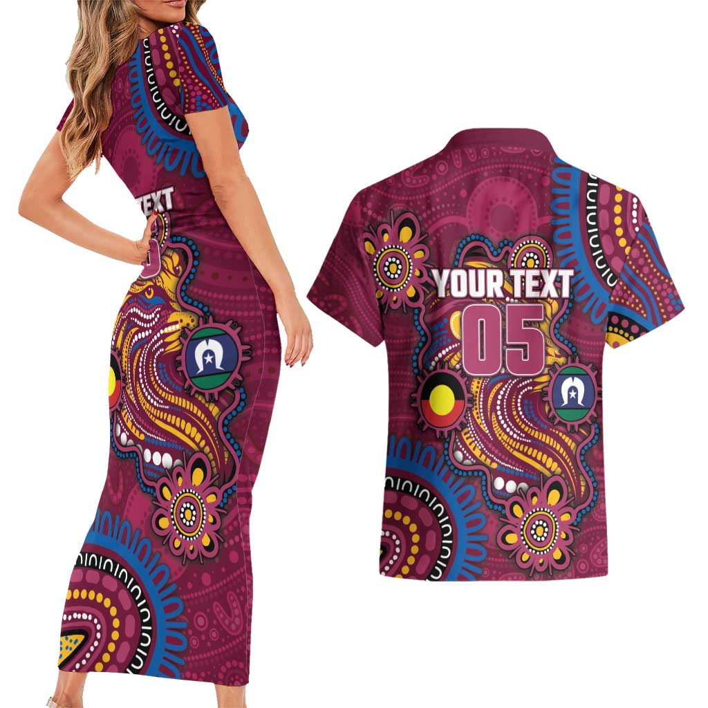 Custom NAIDOC Week Brisbane Lions Couples Matching Short Sleeve Bodycon Dress and Hawaiian Shirt Australian Aboriginal Art