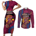Custom NAIDOC Week Brisbane Lions Couples Matching Short Sleeve Bodycon Dress and Long Sleeve Button Shirt Australian Aboriginal Art