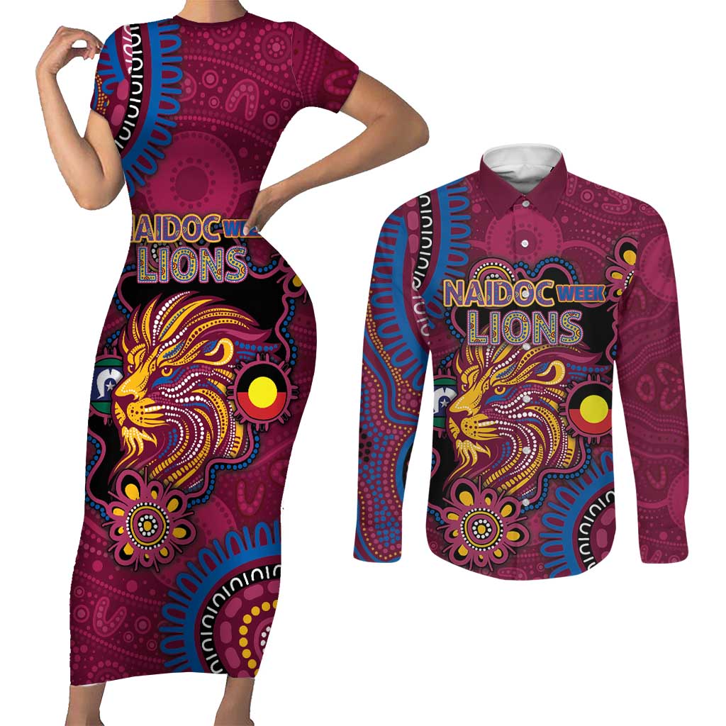 Custom NAIDOC Week Brisbane Lions Couples Matching Short Sleeve Bodycon Dress and Long Sleeve Button Shirt Australian Aboriginal Art