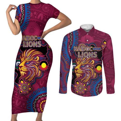 Custom NAIDOC Week Brisbane Lions Couples Matching Short Sleeve Bodycon Dress and Long Sleeve Button Shirt Australian Aboriginal Art