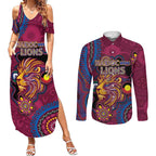 Custom NAIDOC Week Brisbane Lions Couples Matching Summer Maxi Dress and Long Sleeve Button Shirt Australian Aboriginal Art