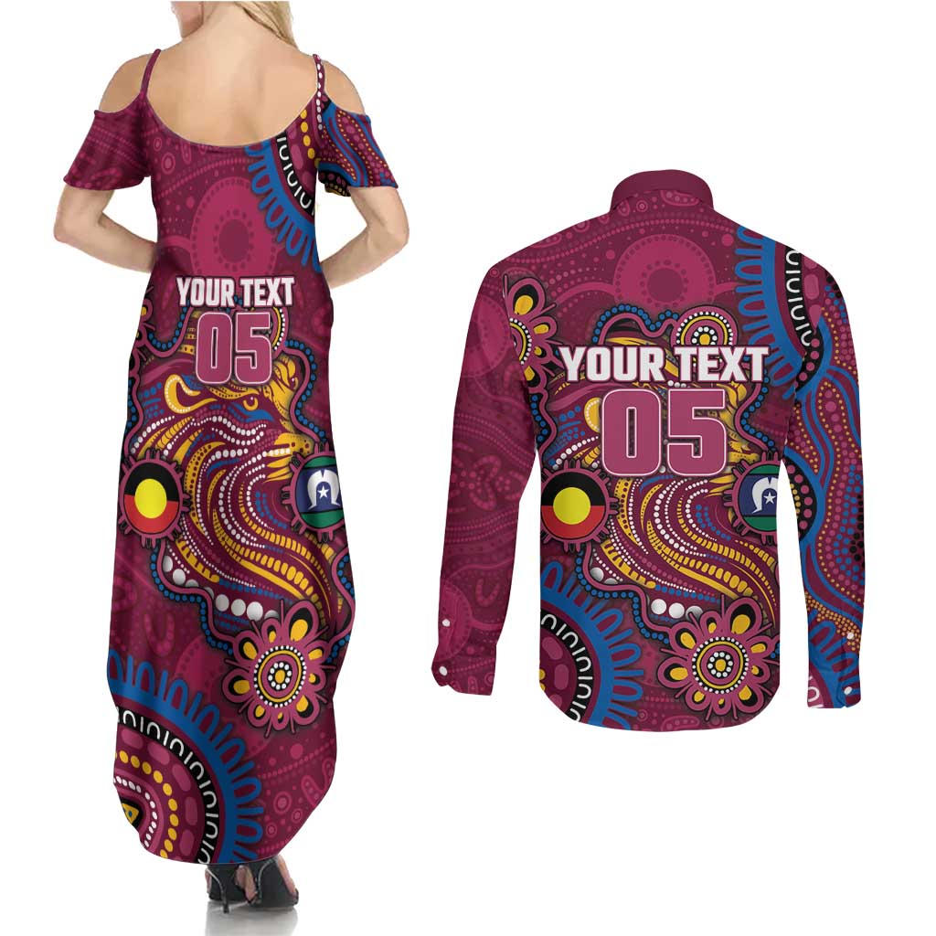 Custom NAIDOC Week Brisbane Lions Couples Matching Summer Maxi Dress and Long Sleeve Button Shirt Australian Aboriginal Art