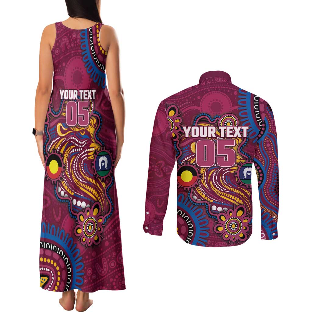 Custom NAIDOC Week Brisbane Lions Couples Matching Tank Maxi Dress and Long Sleeve Button Shirt Australian Aboriginal Art