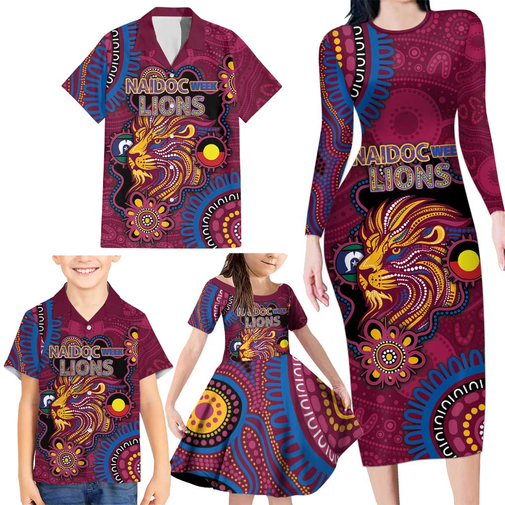 Custom NAIDOC Week Brisbane Lions Family Matching Long Sleeve Bodycon Dress and Hawaiian Shirt Australian Aboriginal Art
