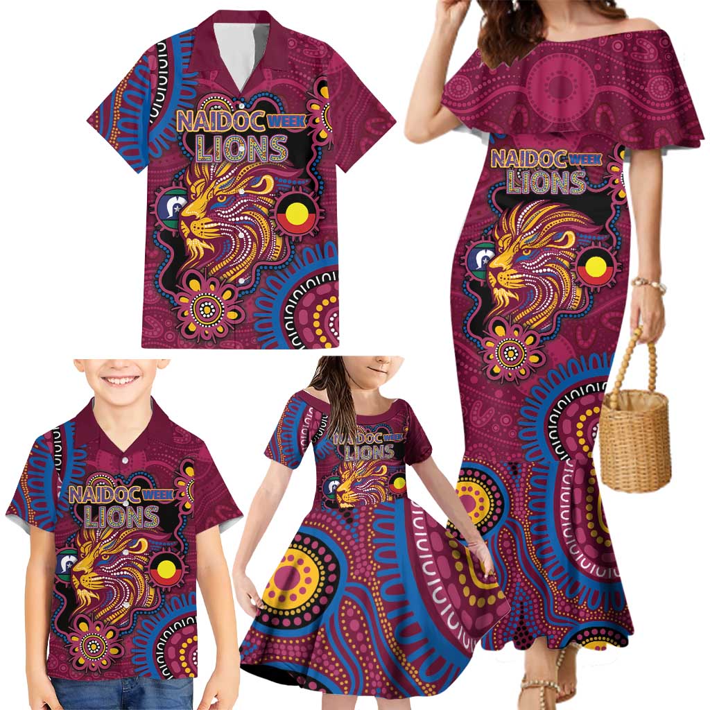 Custom NAIDOC Week Brisbane Lions Family Matching Mermaid Dress and Hawaiian Shirt Australian Aboriginal Art
