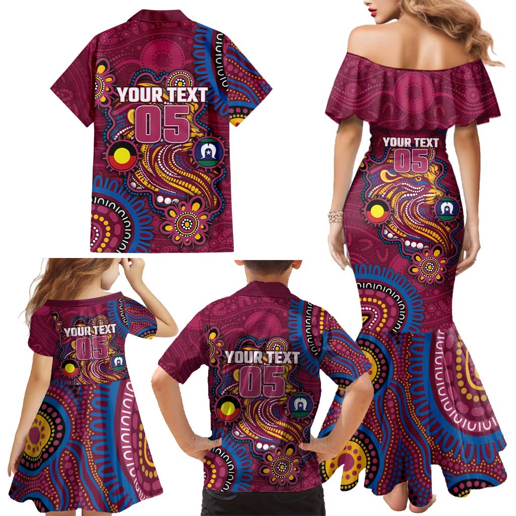 Custom NAIDOC Week Brisbane Lions Family Matching Mermaid Dress and Hawaiian Shirt Australian Aboriginal Art