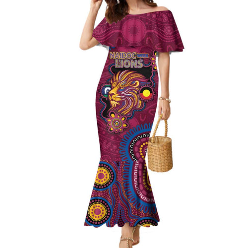 Custom NAIDOC Week Brisbane Lions Family Matching Mermaid Dress and Hawaiian Shirt Australian Aboriginal Art