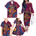 Custom NAIDOC Week Brisbane Lions Family Matching Off The Shoulder Long Sleeve Dress and Hawaiian Shirt Australian Aboriginal Art