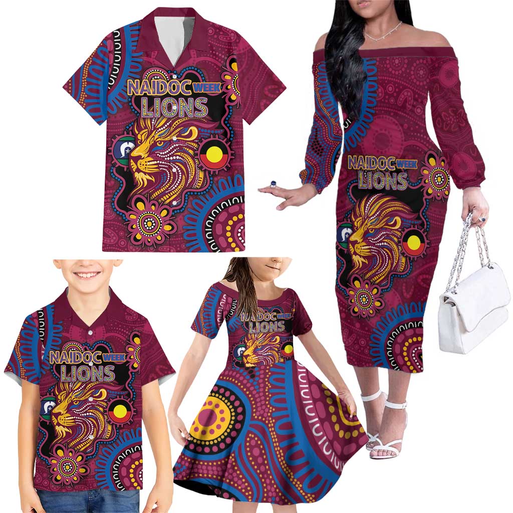 Custom NAIDOC Week Brisbane Lions Family Matching Off The Shoulder Long Sleeve Dress and Hawaiian Shirt Australian Aboriginal Art