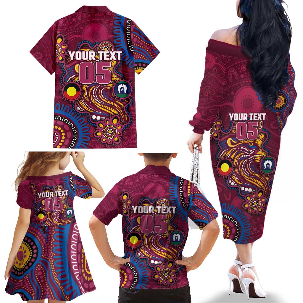 Custom NAIDOC Week Brisbane Lions Family Matching Off The Shoulder Long Sleeve Dress and Hawaiian Shirt Australian Aboriginal Art