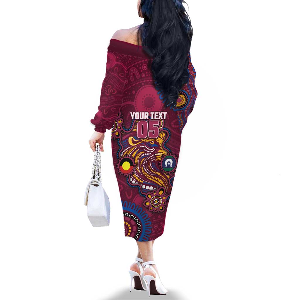 Custom NAIDOC Week Brisbane Lions Family Matching Off The Shoulder Long Sleeve Dress and Hawaiian Shirt Australian Aboriginal Art