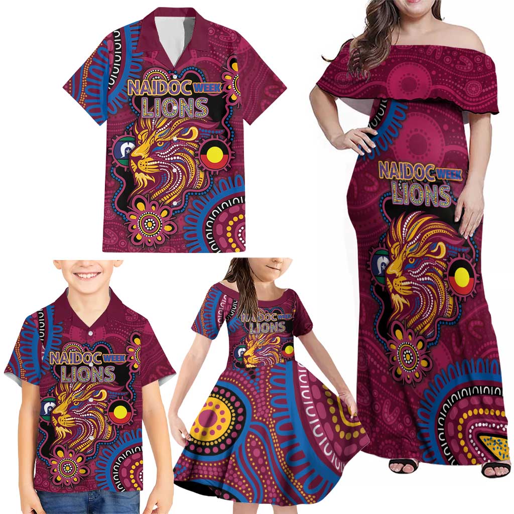 Custom NAIDOC Week Brisbane Lions Family Matching Off Shoulder Maxi Dress and Hawaiian Shirt Australian Aboriginal Art