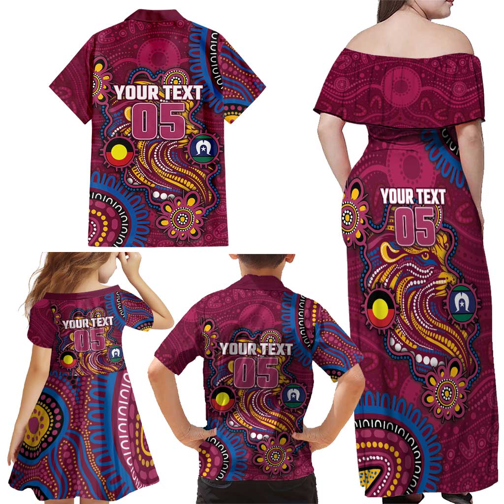 Custom NAIDOC Week Brisbane Lions Family Matching Off Shoulder Maxi Dress and Hawaiian Shirt Australian Aboriginal Art