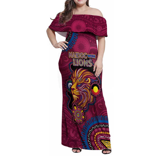 Custom NAIDOC Week Brisbane Lions Family Matching Off Shoulder Maxi Dress and Hawaiian Shirt Australian Aboriginal Art