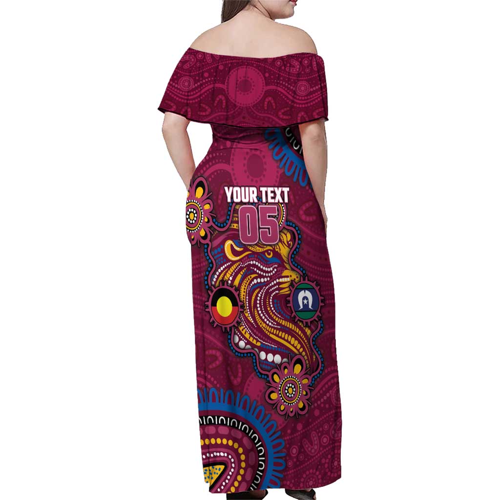 Custom NAIDOC Week Brisbane Lions Family Matching Off Shoulder Maxi Dress and Hawaiian Shirt Australian Aboriginal Art