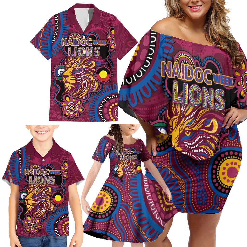 Custom NAIDOC Week Brisbane Lions Family Matching Off Shoulder Short Dress and Hawaiian Shirt Australian Aboriginal Art
