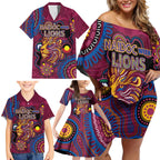 Custom NAIDOC Week Brisbane Lions Family Matching Off Shoulder Short Dress and Hawaiian Shirt Australian Aboriginal Art