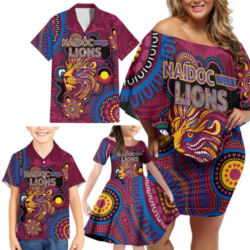Custom NAIDOC Week Brisbane Lions Family Matching Off Shoulder Short Dress and Hawaiian Shirt Australian Aboriginal Art