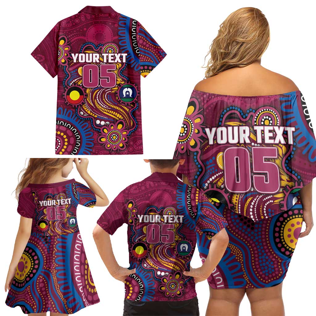 Custom NAIDOC Week Brisbane Lions Family Matching Off Shoulder Short Dress and Hawaiian Shirt Australian Aboriginal Art
