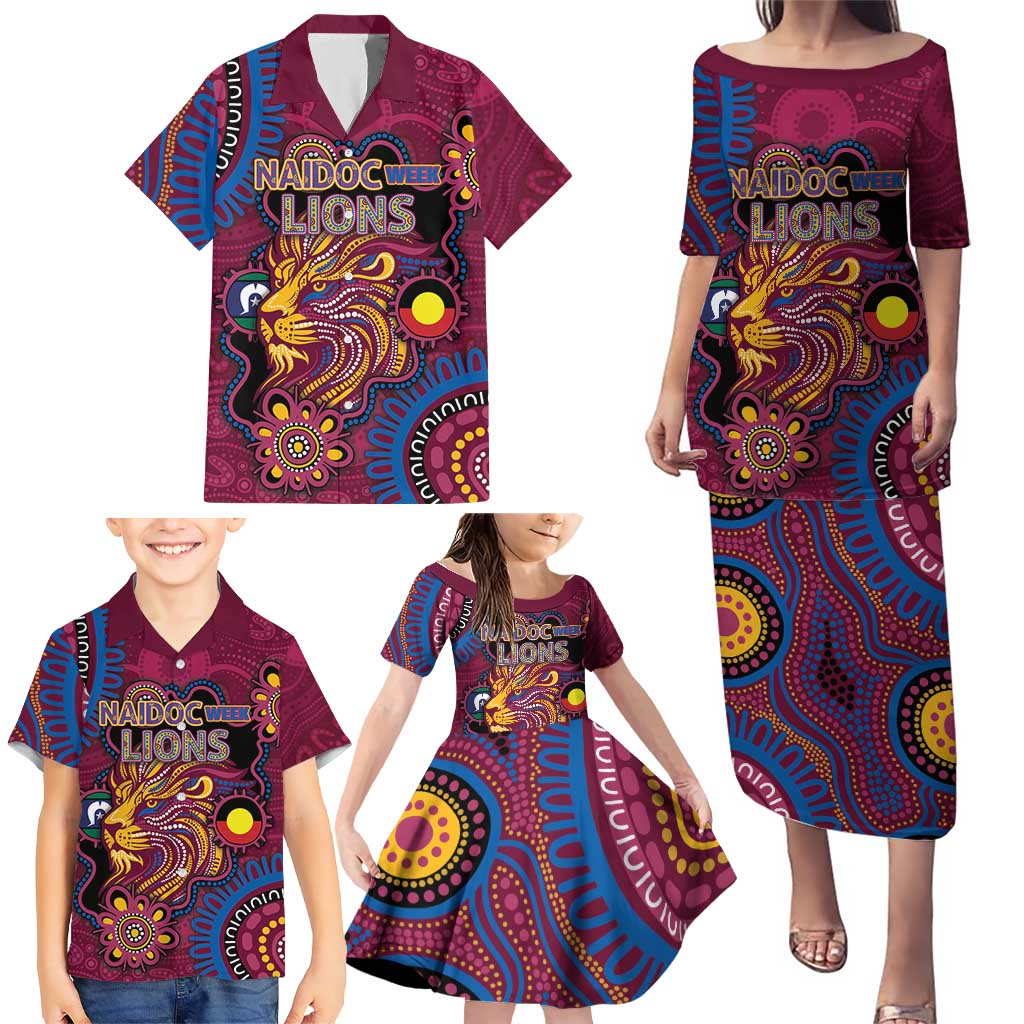 Custom NAIDOC Week Brisbane Lions Family Matching Puletasi and Hawaiian Shirt Australian Aboriginal Art