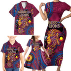 Custom NAIDOC Week Brisbane Lions Family Matching Short Sleeve Bodycon Dress and Hawaiian Shirt Australian Aboriginal Art