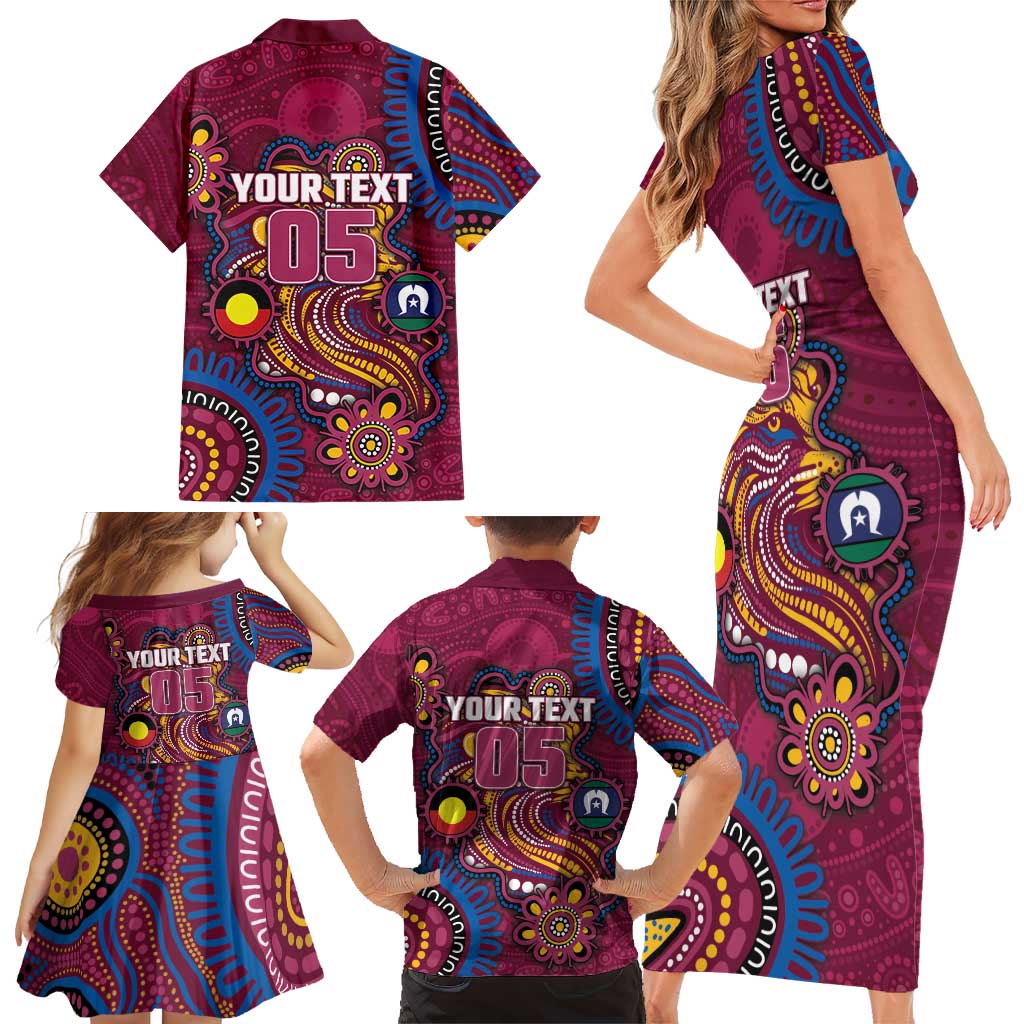 Custom NAIDOC Week Brisbane Lions Family Matching Short Sleeve Bodycon Dress and Hawaiian Shirt Australian Aboriginal Art