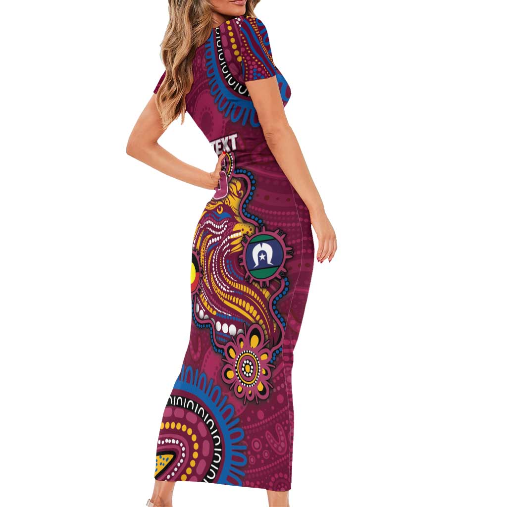 Custom NAIDOC Week Brisbane Lions Family Matching Short Sleeve Bodycon Dress and Hawaiian Shirt Australian Aboriginal Art