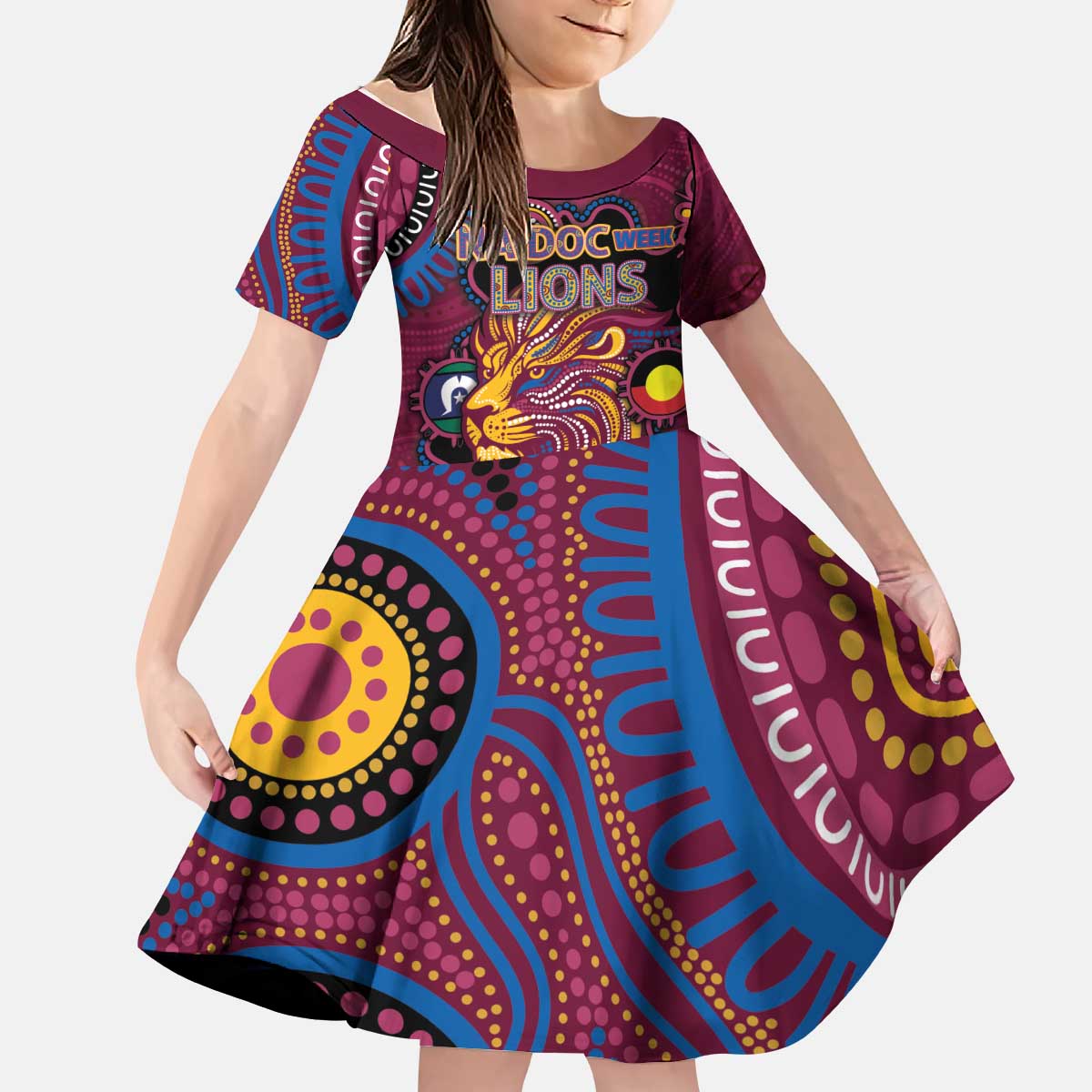 Custom NAIDOC Week Brisbane Lions Kid Short Sleeve Dress Australian Aboriginal Art