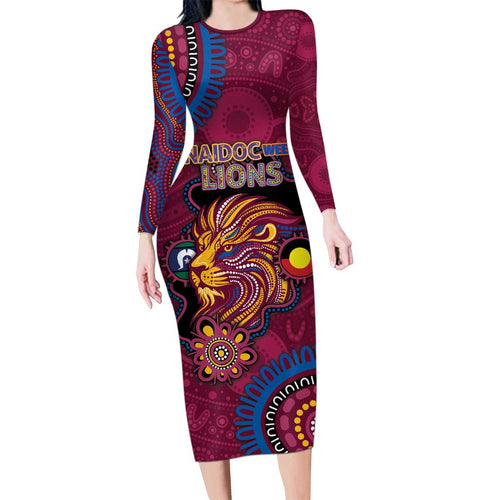 Custom NAIDOC Week Brisbane Lions Long Sleeve Bodycon Dress Australian Aboriginal Art