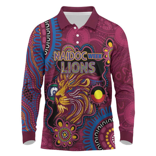 Custom NAIDOC Week Brisbane Lions Long Sleeve Polo Shirt Australian Aboriginal Art