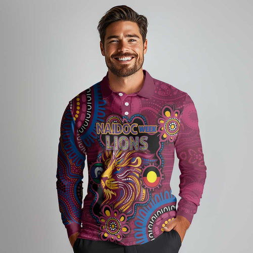 Custom NAIDOC Week Brisbane Lions Long Sleeve Polo Shirt Australian Aboriginal Art