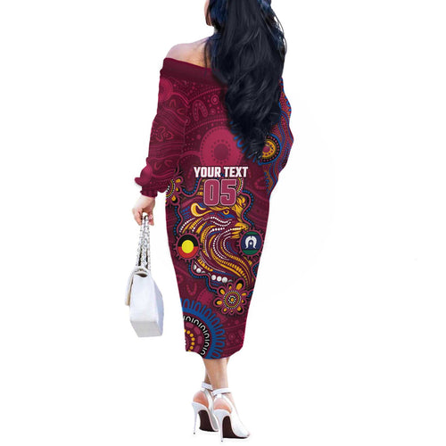 Custom NAIDOC Week Brisbane Lions Off The Shoulder Long Sleeve Dress Australian Aboriginal Art
