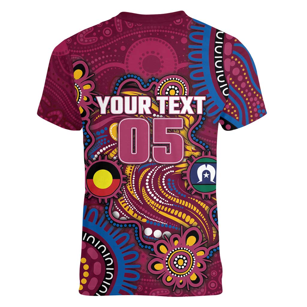 Custom NAIDOC Week Brisbane Lions Women V-Neck T-Shirt Australian Aboriginal Art
