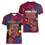 Custom NAIDOC Week Brisbane Lions Women V-Neck T-Shirt Australian Aboriginal Art