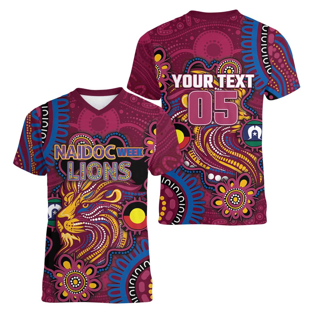 Custom NAIDOC Week Brisbane Lions Women V-Neck T-Shirt Australian Aboriginal Art