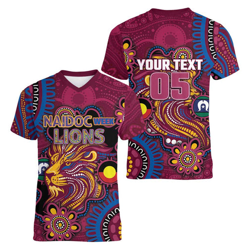 Custom NAIDOC Week Brisbane Lions Women V-Neck T-Shirt Australian Aboriginal Art