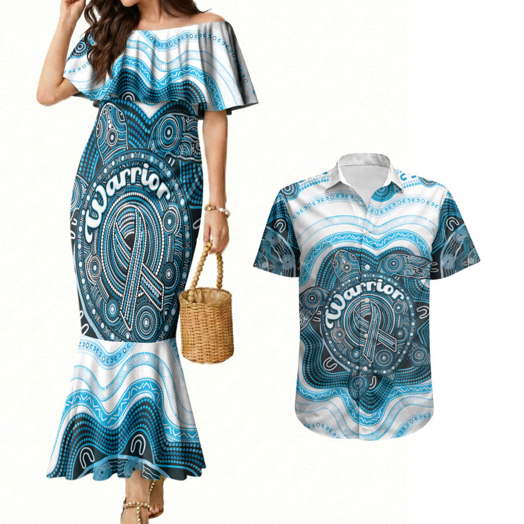 Personalised Prostate Cancer Awareness Month Couples Matching Mermaid Dress and Hawaiian Shirt Warrior Ribbon Turtle Dot Art Pattern