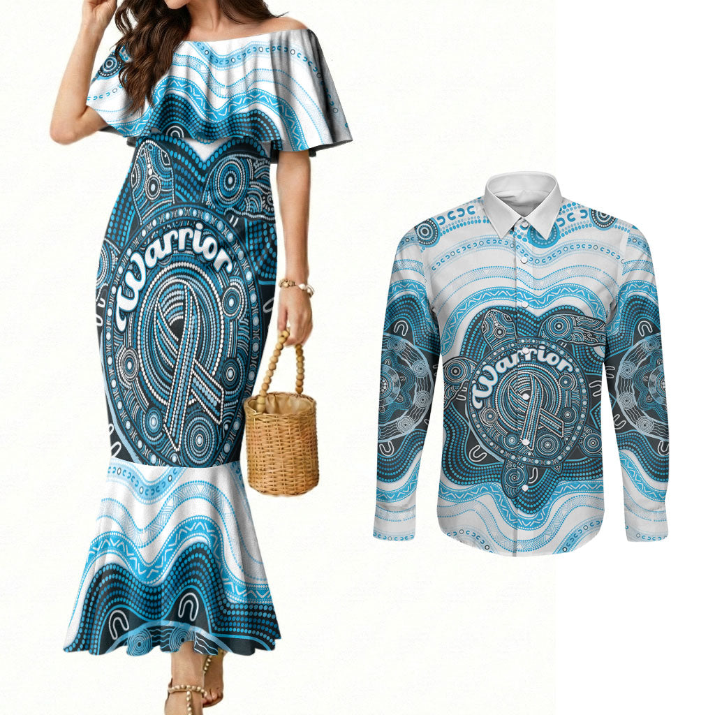 Personalised Prostate Cancer Awareness Month Couples Matching Mermaid Dress and Long Sleeve Button Shirt Warrior Ribbon Turtle Dot Art Pattern