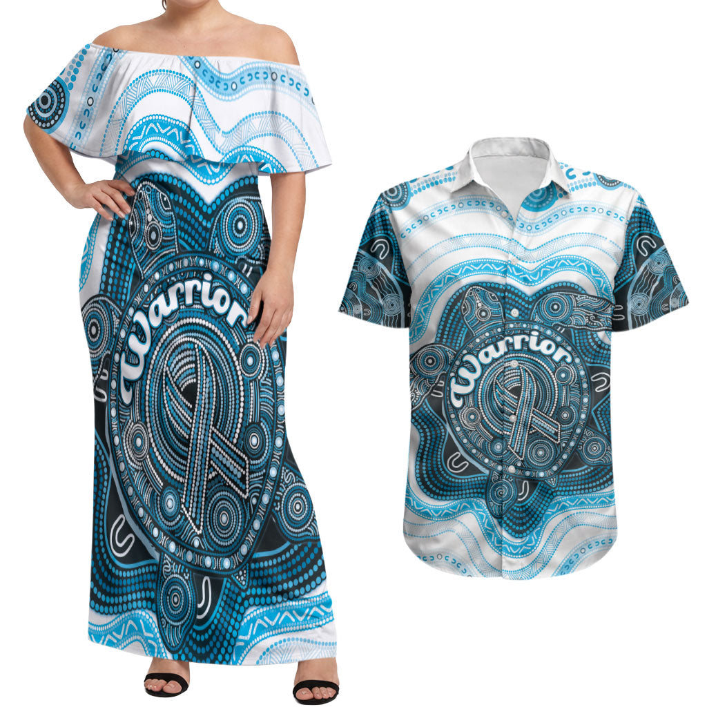 Personalised Prostate Cancer Awareness Month Couples Matching Off Shoulder Maxi Dress and Hawaiian Shirt Warrior Ribbon Turtle Dot Art Pattern