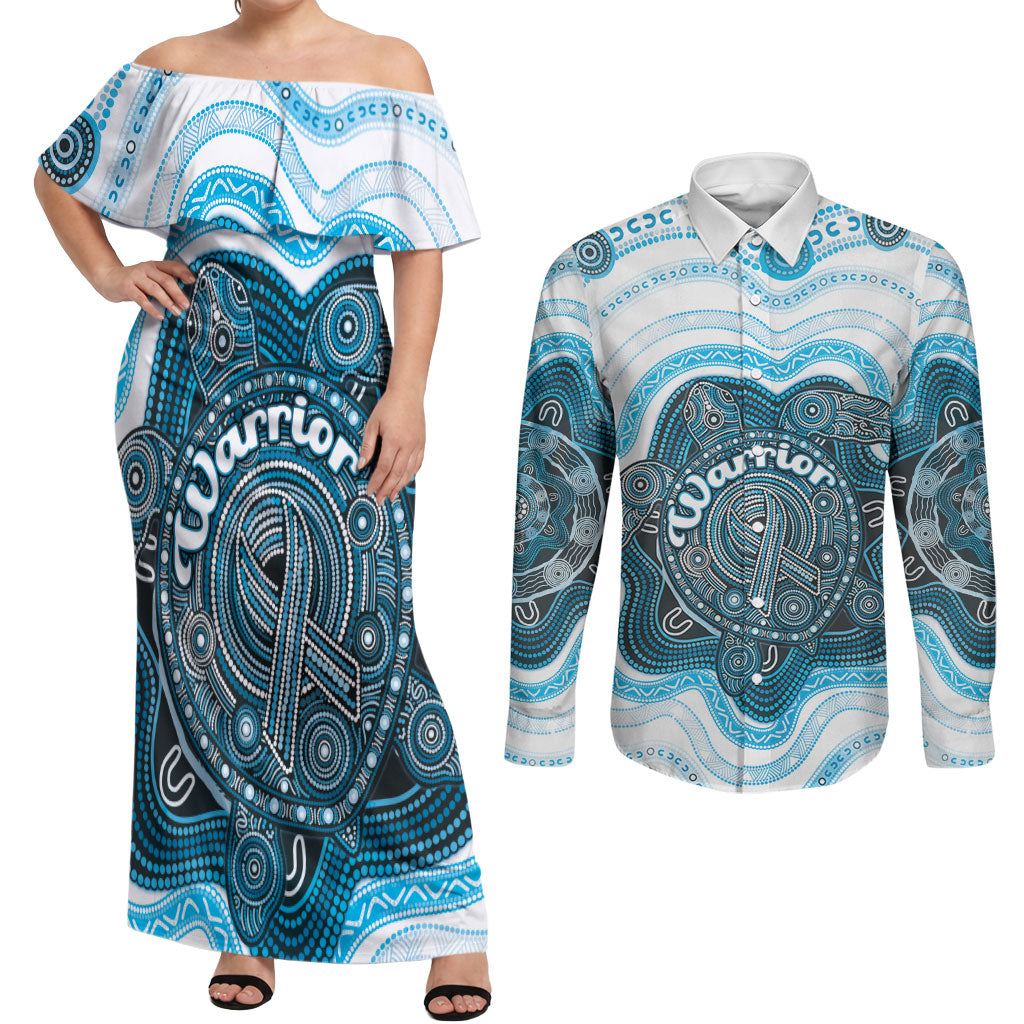 Personalised Prostate Cancer Awareness Month Couples Matching Off Shoulder Maxi Dress and Long Sleeve Button Shirt Warrior Ribbon Turtle Dot Art Pattern