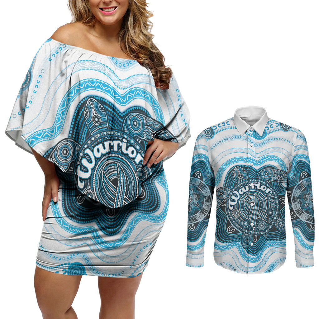 Personalised Prostate Cancer Awareness Month Couples Matching Off Shoulder Short Dress and Long Sleeve Button Shirt Warrior Ribbon Turtle Dot Art Pattern
