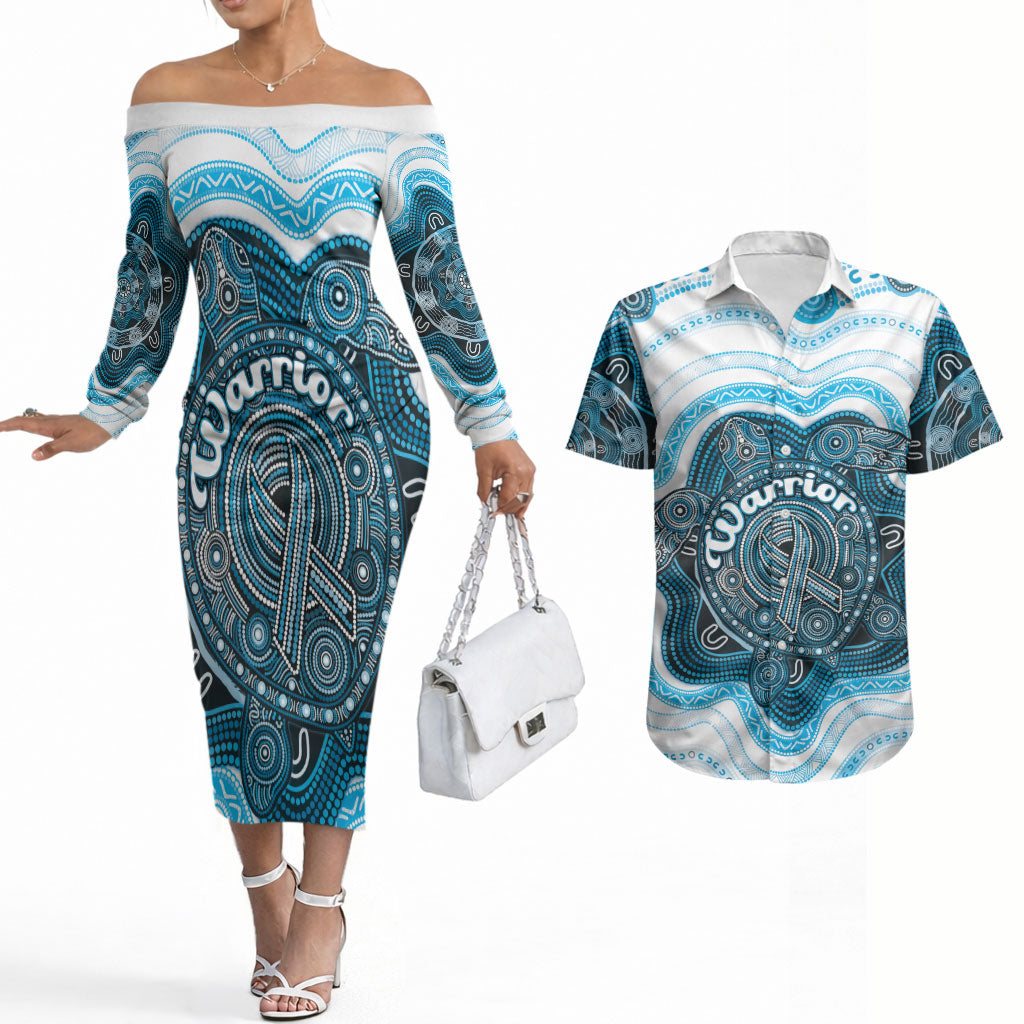 Personalised Prostate Cancer Awareness Month Couples Matching Off The Shoulder Long Sleeve Dress and Hawaiian Shirt Warrior Ribbon Turtle Dot Art Pattern