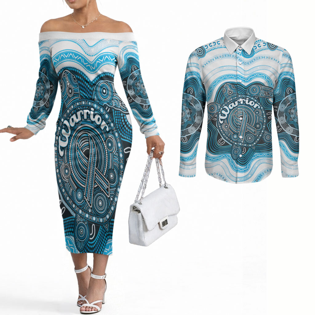 Personalised Prostate Cancer Awareness Month Couples Matching Off The Shoulder Long Sleeve Dress and Long Sleeve Button Shirt Warrior Ribbon Turtle Dot Art Pattern