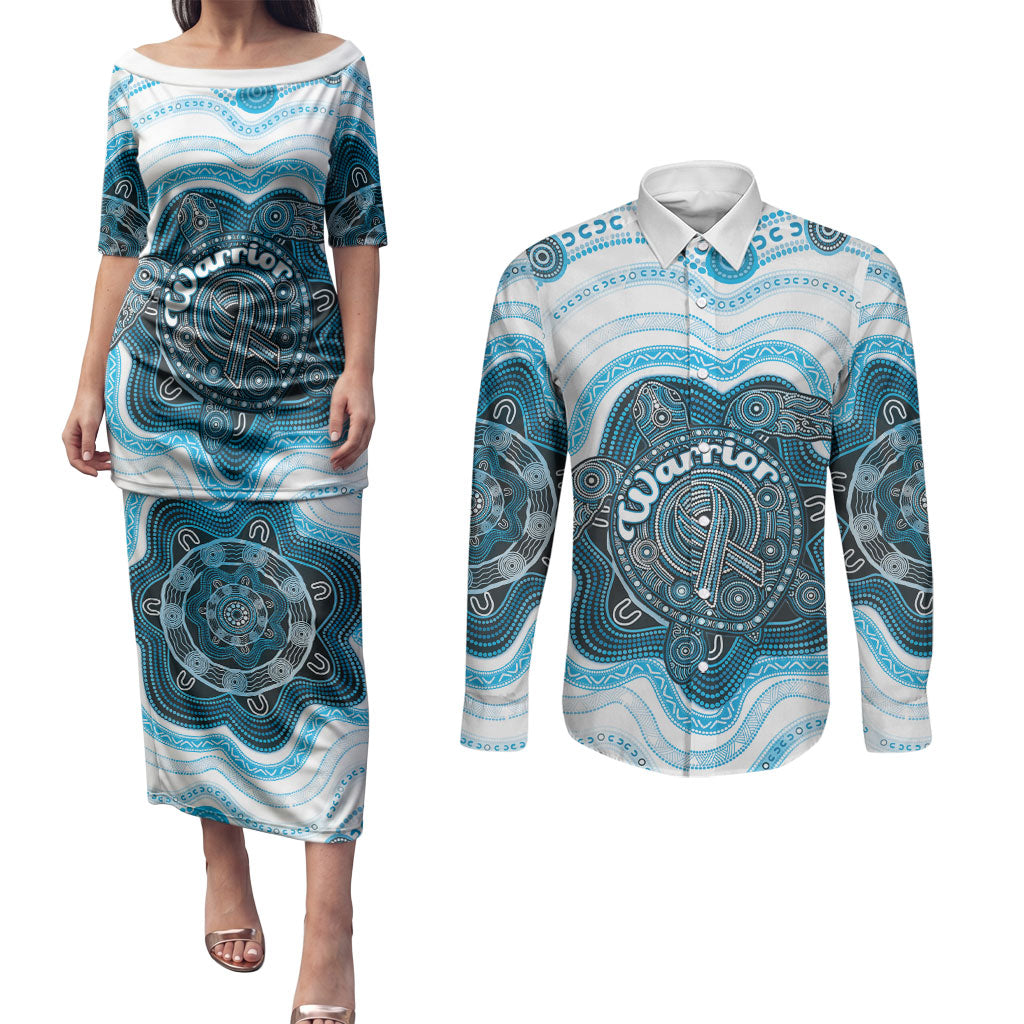 Personalised Prostate Cancer Awareness Month Couples Matching Puletasi and Long Sleeve Button Shirt Warrior Ribbon Turtle Dot Art Pattern